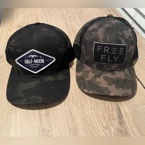2 Camouflage trucker style hats. Half Moon Outfitters and Free Fly